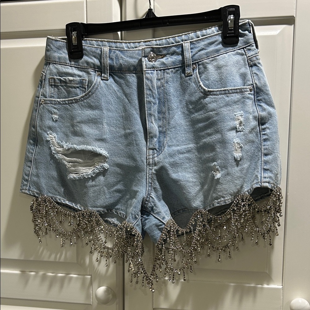 Embellished High Rise Denim Shorts with Chandelier Fringe
